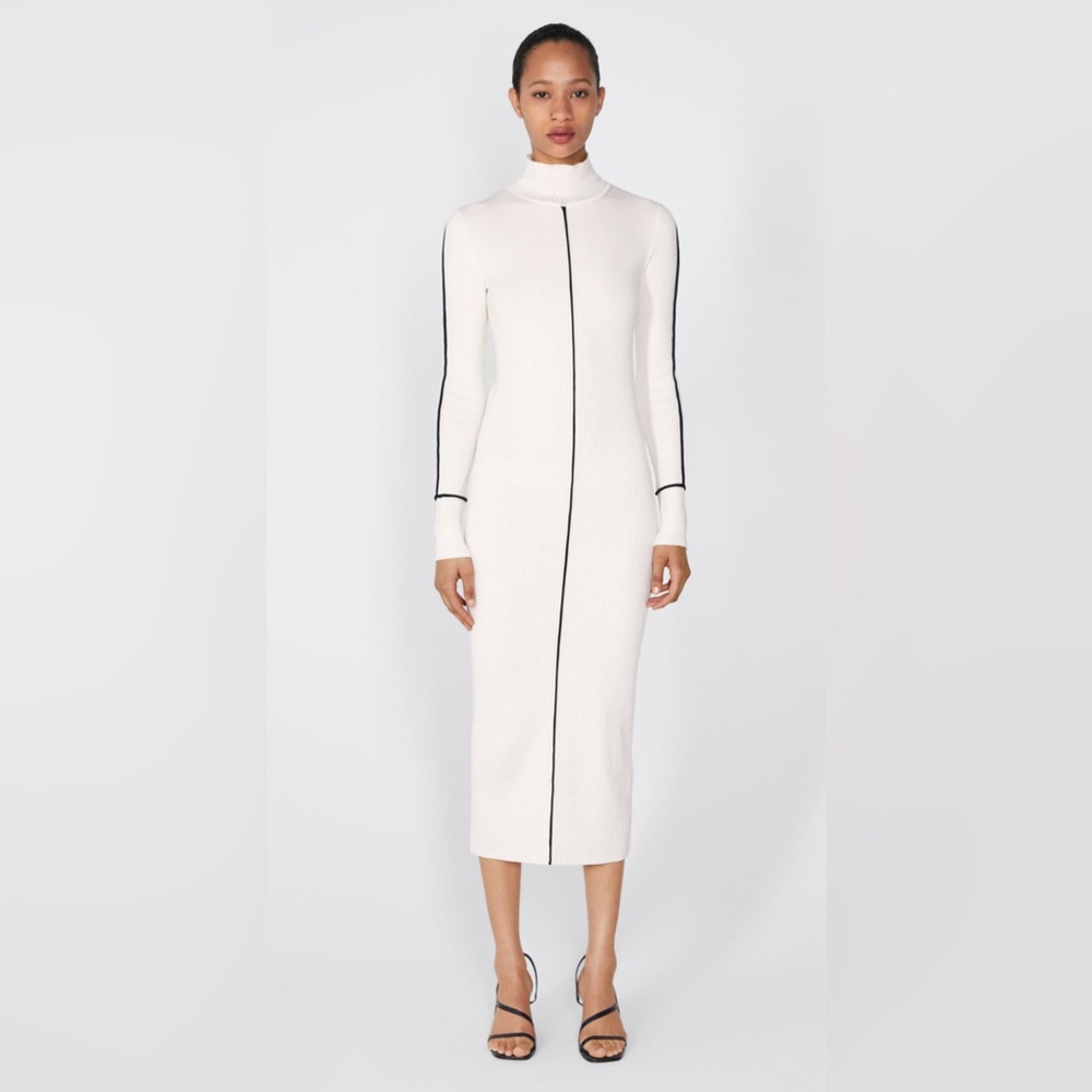 Elegant Zara White Knit Dress with Black Accents, size Small